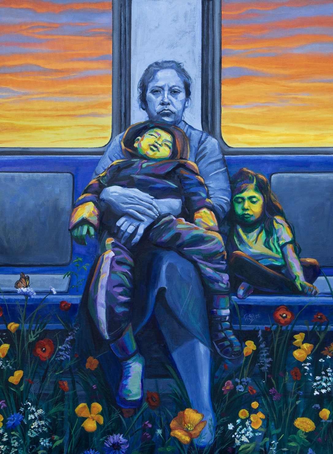 painting of latino mother holding two sleeping kids in a train done by Rosy Cortez